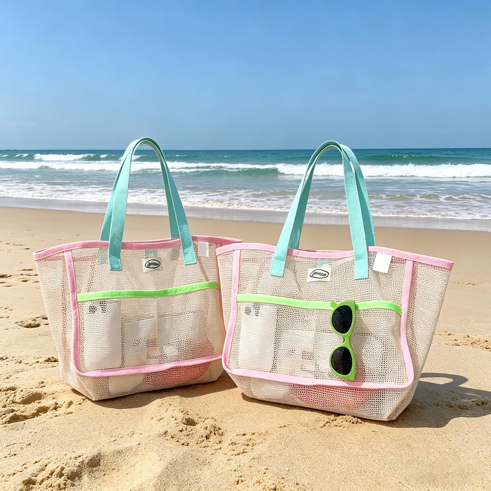 Mesh Net Bag - Torby plażowe damskie, kolorowe, składane, siatkowe